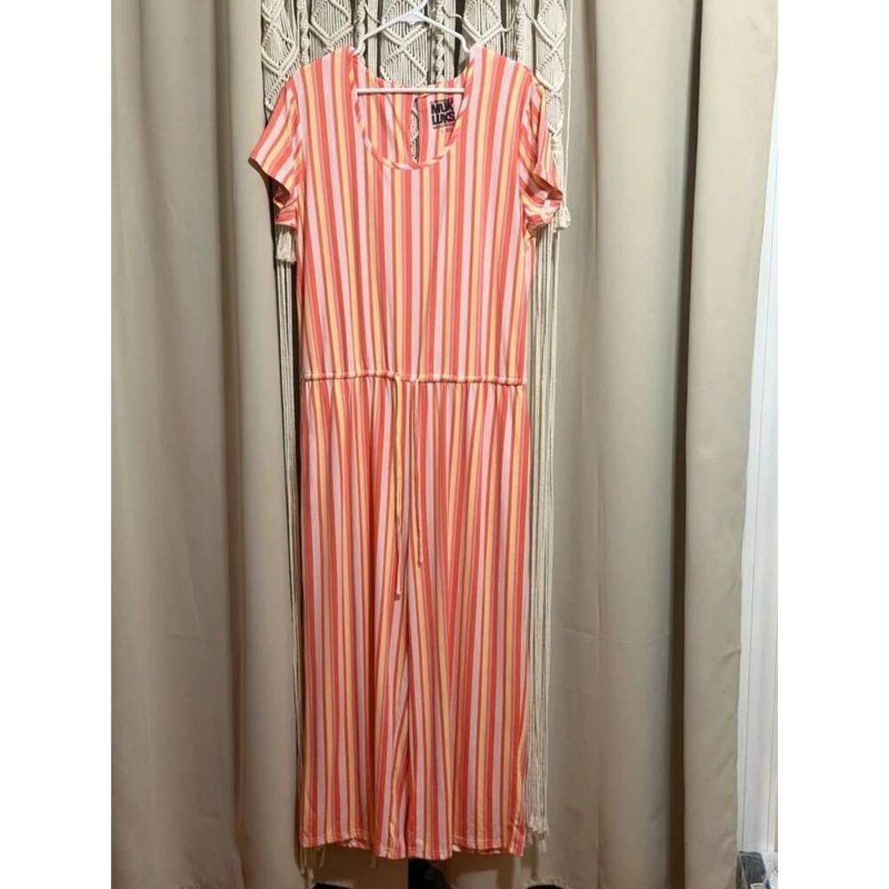 MukLuks Striped Jumpsuit Women L Coral Pink Yellow Short Sleeve Drawstring NWOT